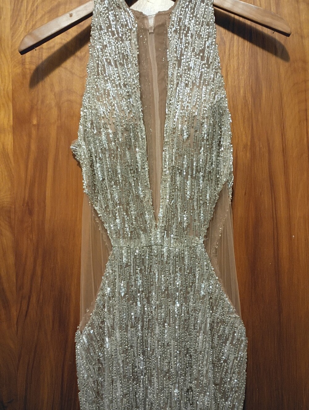 Sequin Metallic Gown with Deep V Neck - Picture 2 of 7